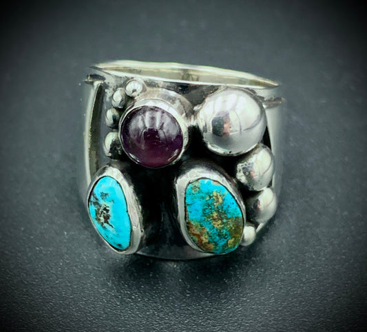 TURQUOISE & AMETHYST POWER RING - SIZE 8