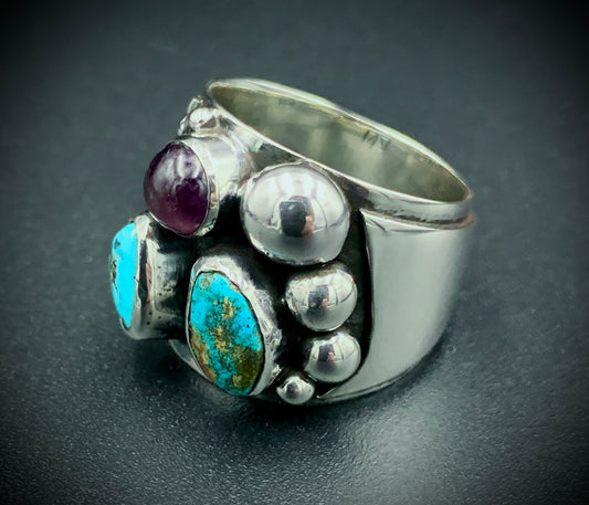 TURQUOISE & AMETHYST POWER RING - SIZE 8